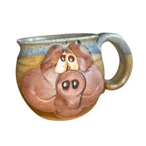 Studio Art Pottery 3D Pig Hog Face Coffee  Mug Cup Signed Heavy Brown